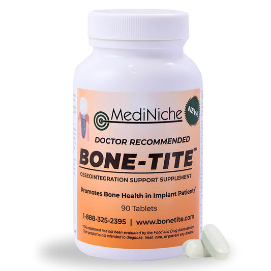 MediNiche Bone-Tite bottle label with 90 tablets for dental implant support.