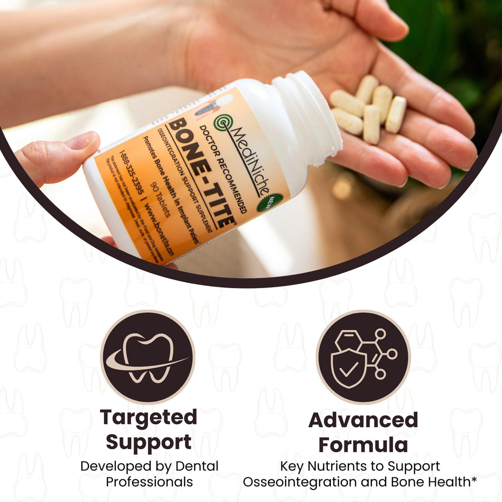 MediNiche Bone-Tite tablets on a white surface for bone health support.