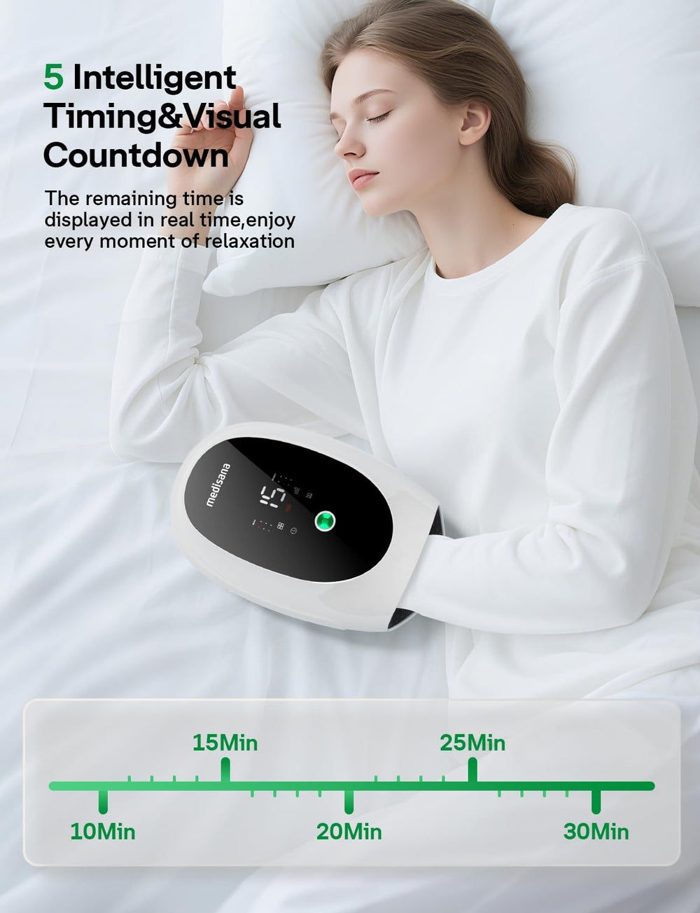 Medisana Hand Massager battery life image highlights long runtime for uninterrupted use.