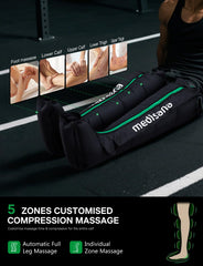 Medisana leg compression massager demonstrates 6 modes and 7 intensity levels for customizable sessions.