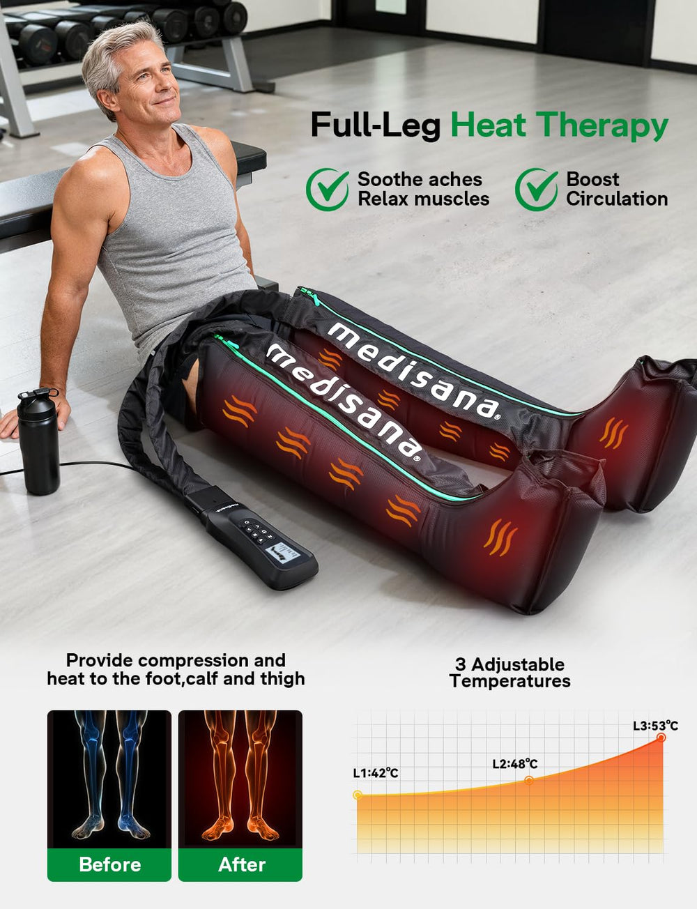 Medisana leg massager side zipper for easy on/off and a secure fit.