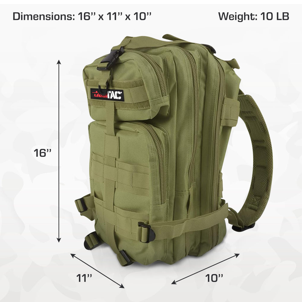 MediTac rucksack straps and hip belt stabilize heavy gear.
