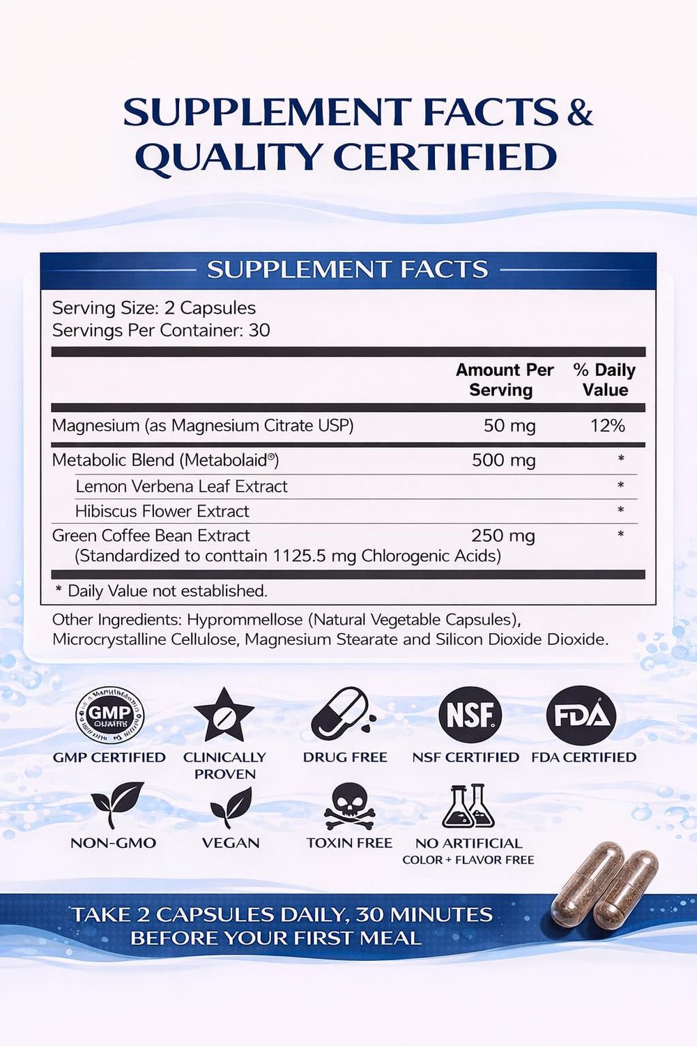 Capsules close-up emphasizing standard dose and clean design.