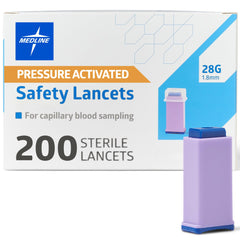 Medline EvenCare sterile safety lancets packaging highlights safety and cleanliness.