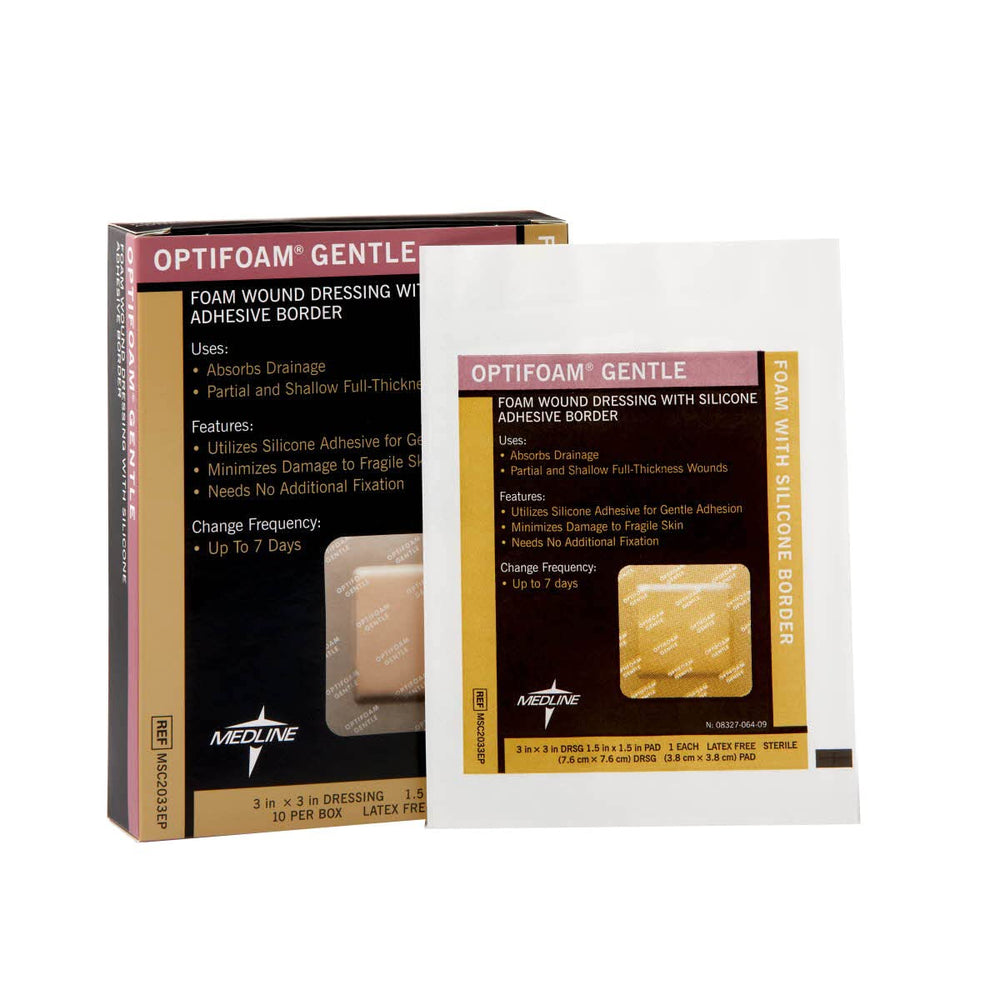 Medline Optifoam Gentle Border Dressing packaging shown for clean use and handling.