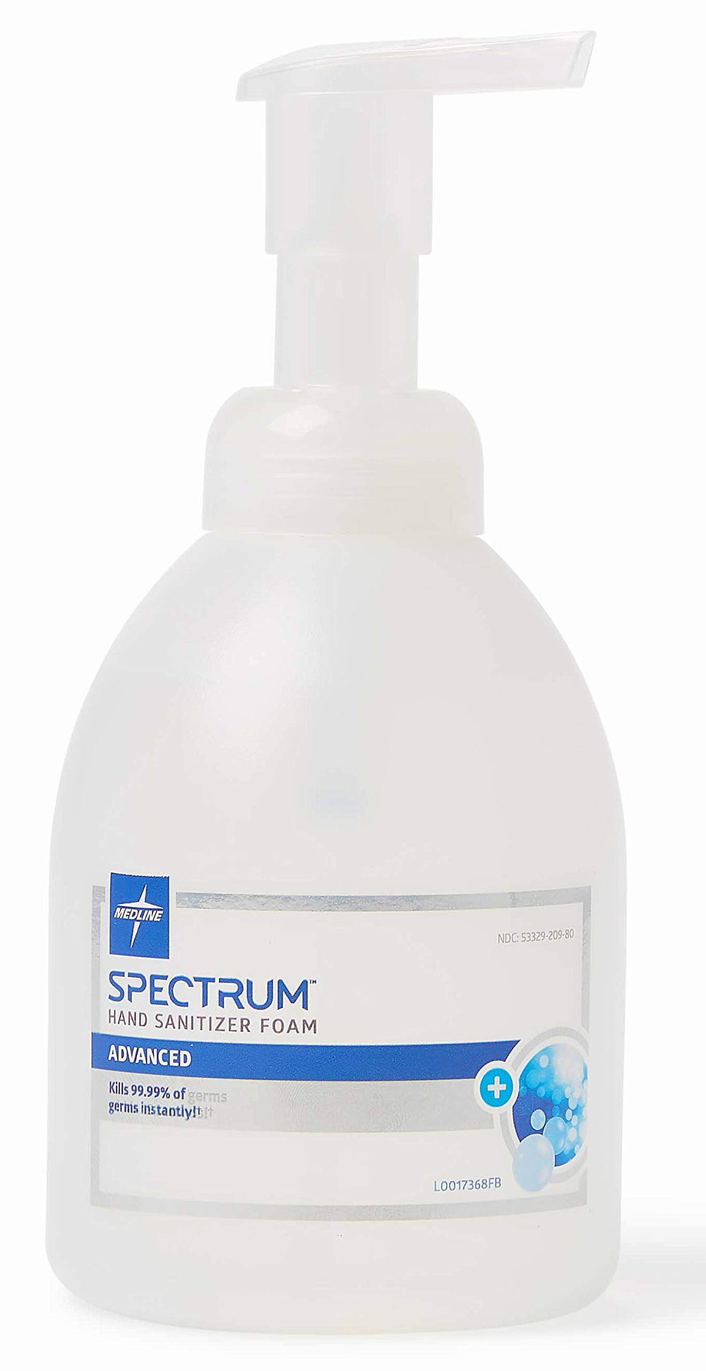 Medline Spectrum foam hand sanitizer pump bottle in use, 70% ethyl alcohol for rapid germ reduction.