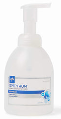 Medline Spectrum foam hand sanitizer pump bottle in use, 70% ethyl alcohol for rapid germ reduction.