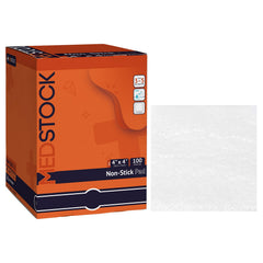 MEDSTOCK non-stick pad 4x4 showing clean edges and compact dressing efficiency for gentle wound care