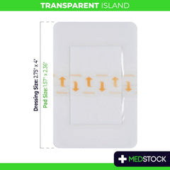 MEDSTOCK Transparent Island Dressing highlights breathable material for skin comfort.