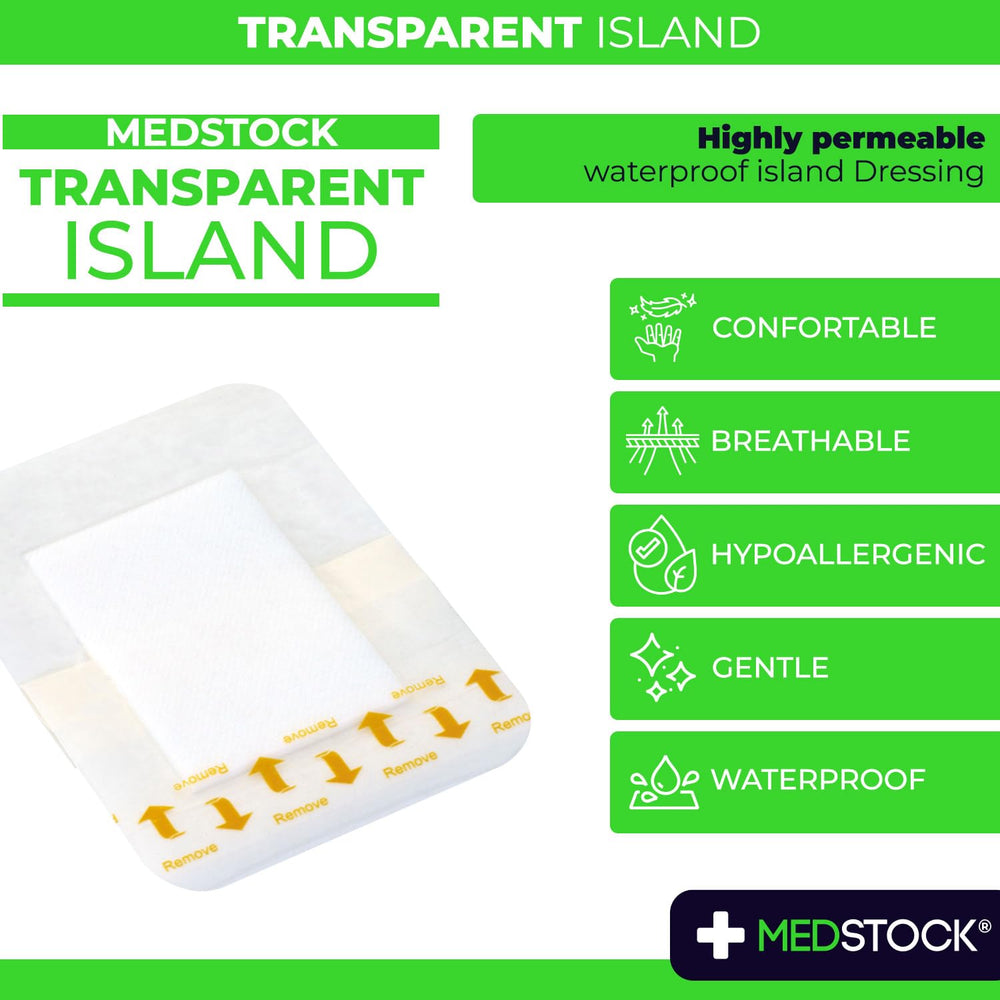 MEDSTOCK Transparent Island Dressing on waterproof film close-up demonstrates moisture protection.