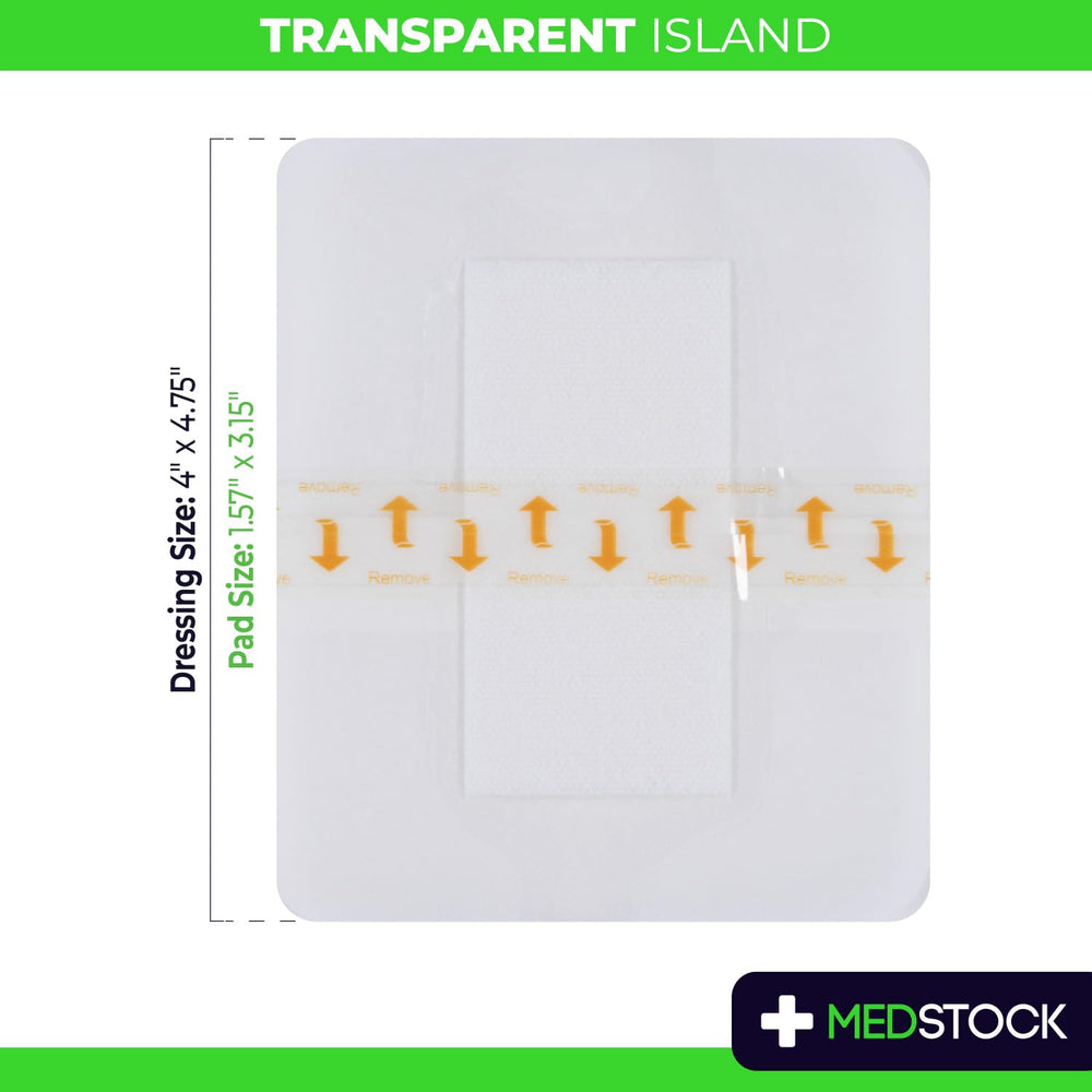 Medstock Transparent Island Dressing wound-pad closeup highlighting breathable layer