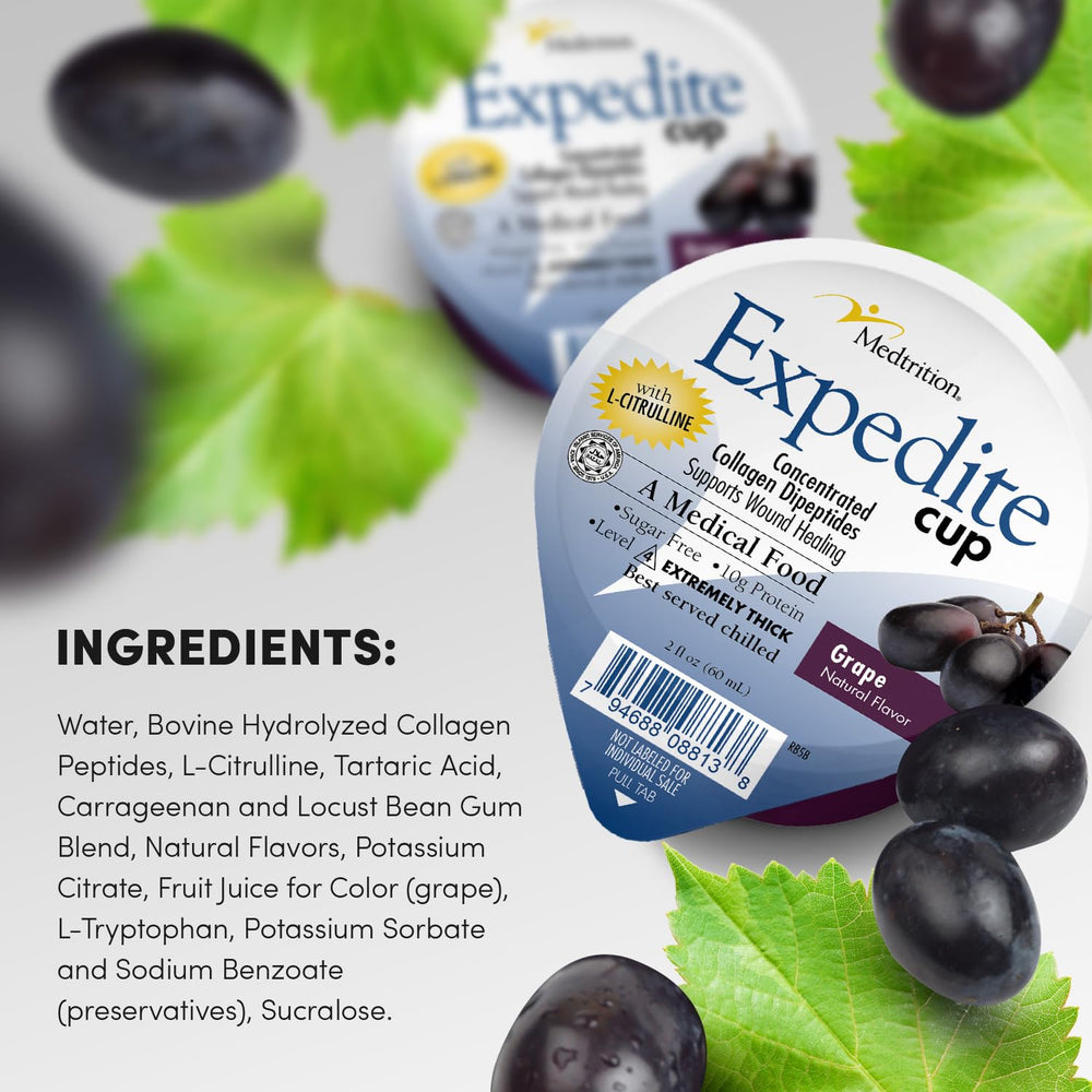 Medtrition Expedite Gelatein Cup grape flavor for easy daily intake.