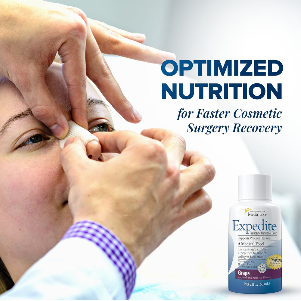 Medtrition Expedite grape bottle in a clinical or recovery setting.