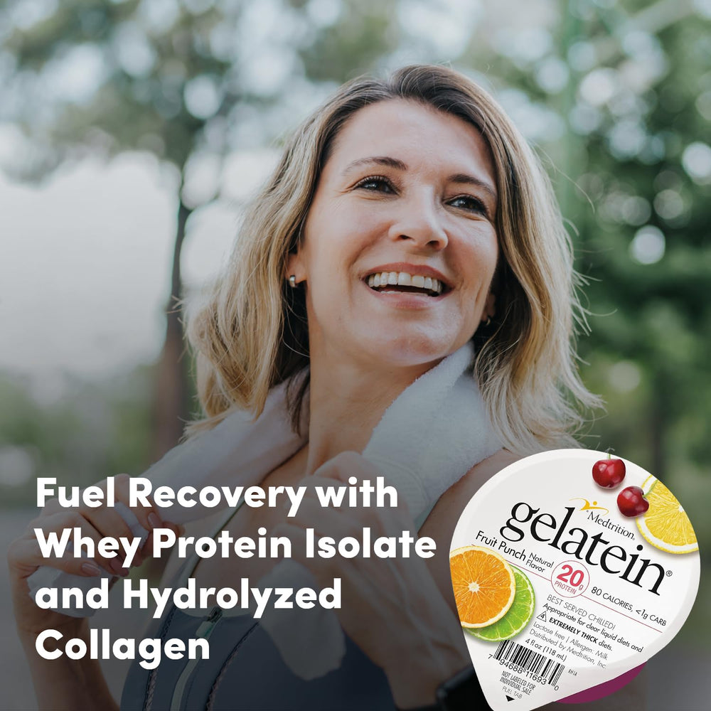 Medtrition Gelatein Fruit Punch label highlighting protein and options