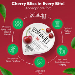 Medtrition Gelatein Plus Cherry serving cup shows smooth texture for dysphagia-friendly use