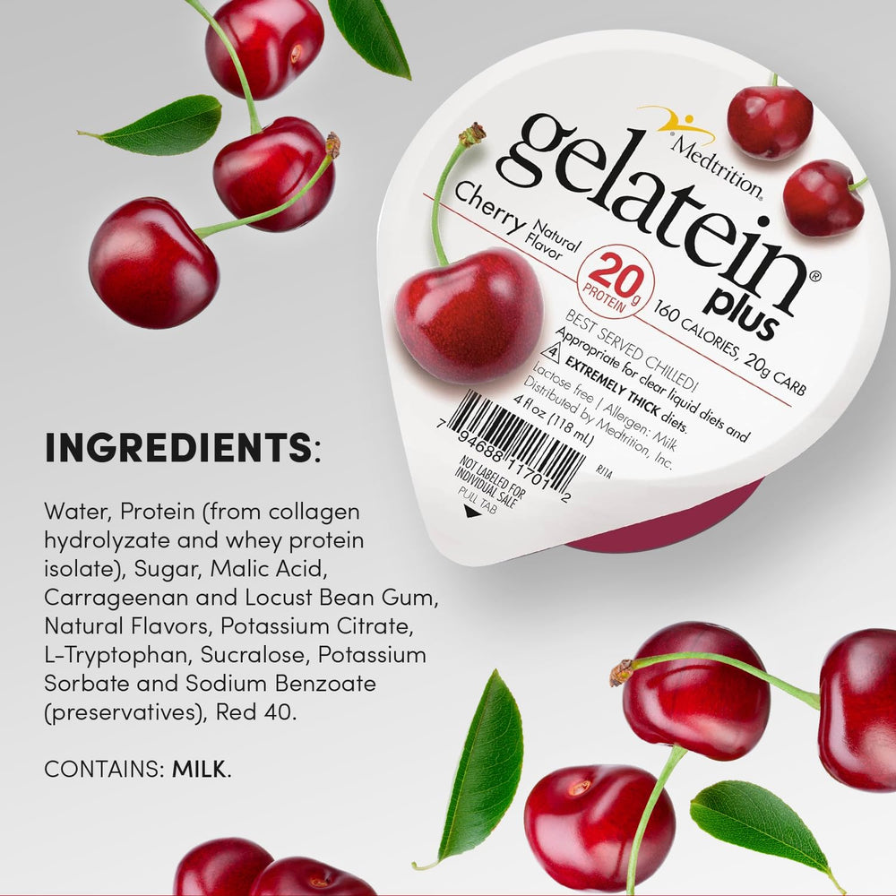 Medtrition Gelatein Plus Cherry packaging displays nutrition facts and dairy content