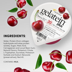 Medtrition Gelatein Plus Cherry packaging displays nutrition facts and dairy content
