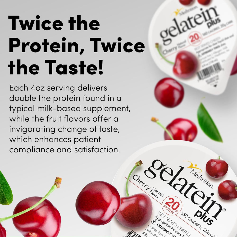 Gelatein Plus Cherry shown as a dysphagia-friendly, smooth-texture protein option