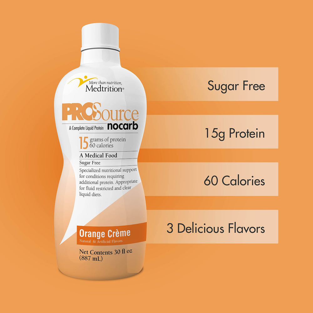 Pouring ProSource NoCarb Orange Creme liquid protein into a glass