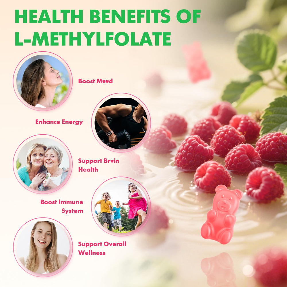 Close-up of MEENCCD L-Methylfolate gummies with raspberry flavor