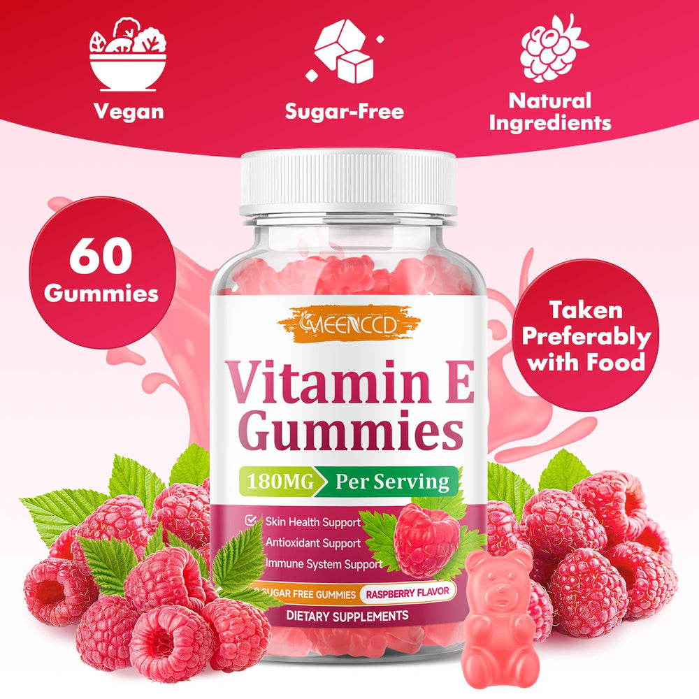 MEENCCD Non-GMO symbol on Vitamin E gummy packaging