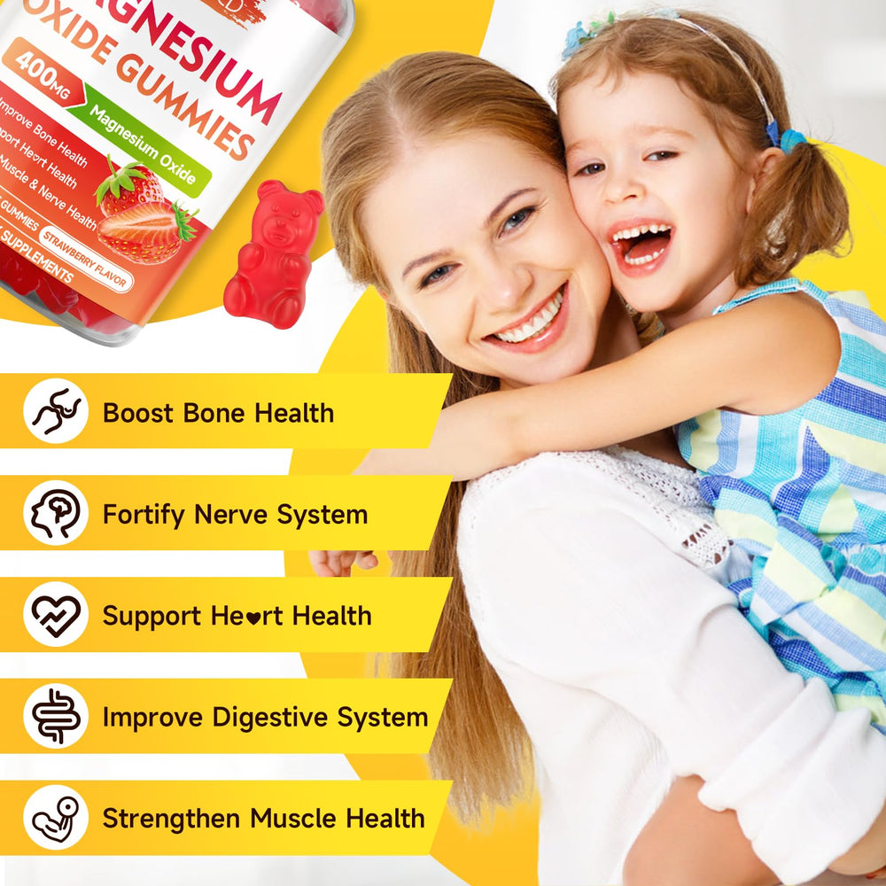Close-up label of MEENCCD magnesium oxide gummies showing strawberry flavor and non-GMO claim