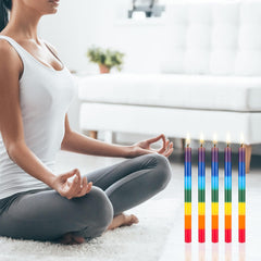 Mega Candles chakra candle in glass jar emphasizing safe, fragrance-free relaxation.