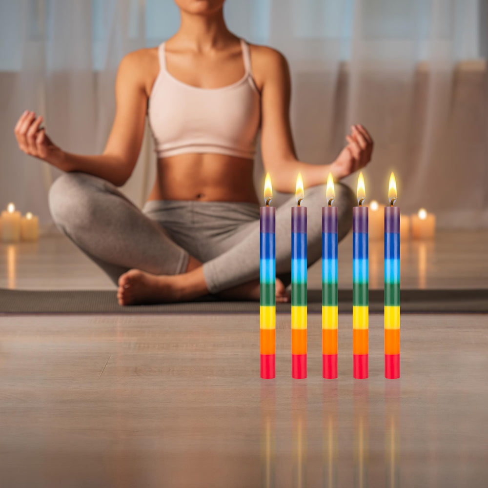 Mega Candles colorful chakra candle layout ideal for meditations at home.