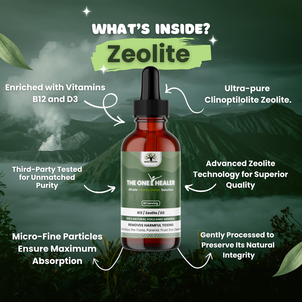 Raspberry and strawberry flavor of MEGA HEALTH Zeolite Detox shown on label