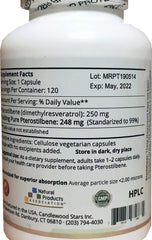 Mega Pterostilbene capsules closeup showing micronized powder for absorption.