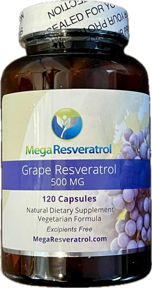 Mega Resveratrol Grape bottle close-up highlighting water-soluble absorption.