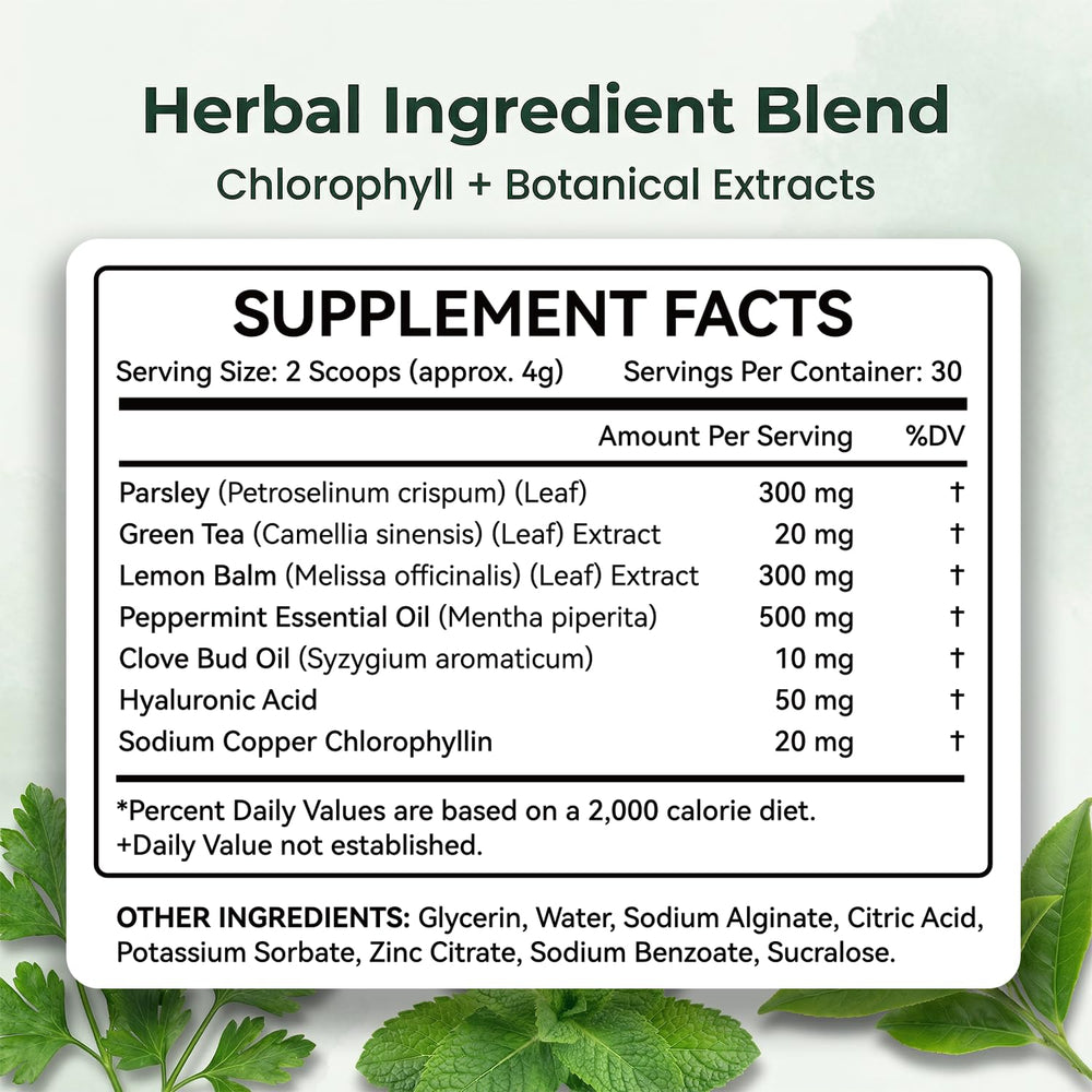 Megacephalus gel ingredients highlight parsley and chlorophyll for natural freshness