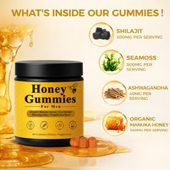 Megacephalus Honey Gummies Shilajit powder close-up emphasizing premium blend.