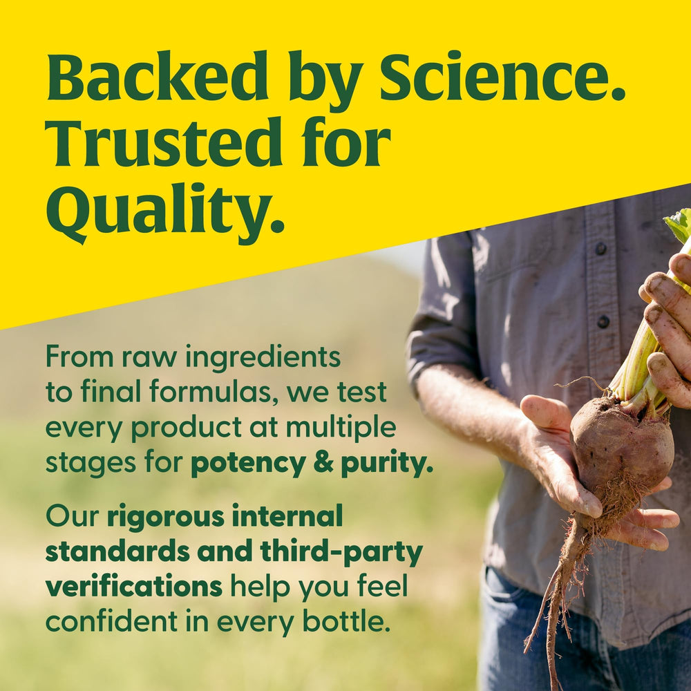 Bottle of MegaFood Adrenal Strength indicating testing for over 150 chemical substances