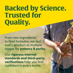 Bottle of MegaFood Adrenal Strength indicating testing for over 150 chemical substances
