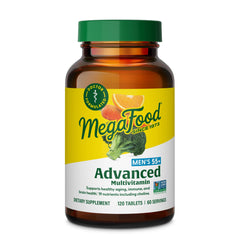 MegaFood Advanced Multivitamin for Men 55+ bottle-front supports daily energy and immune health.