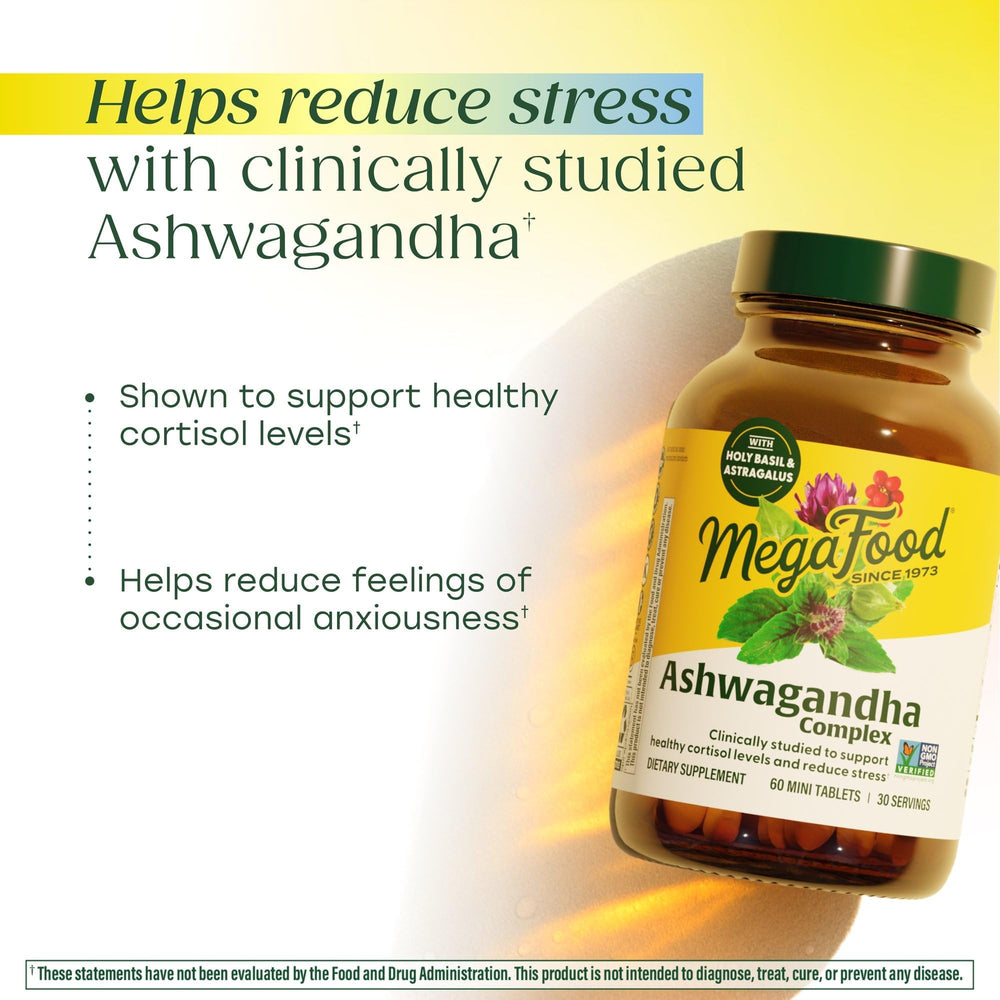 Label detail of MegaFood Ashwagandha Complex highlighting clean ingredients