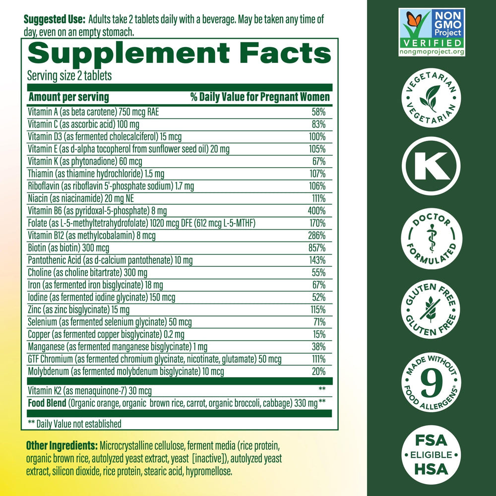 MegaFood Baby & Me 2 prenatal tablets on light background ready for daily use.