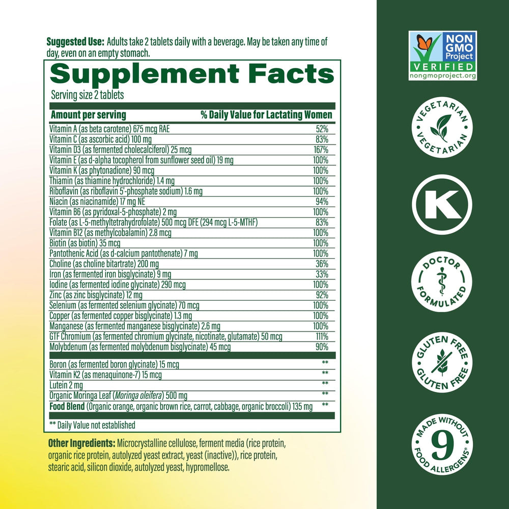 Two MegaFood Baby & Me 2 tablets shown in a serving, for daily postnatal nutrition.