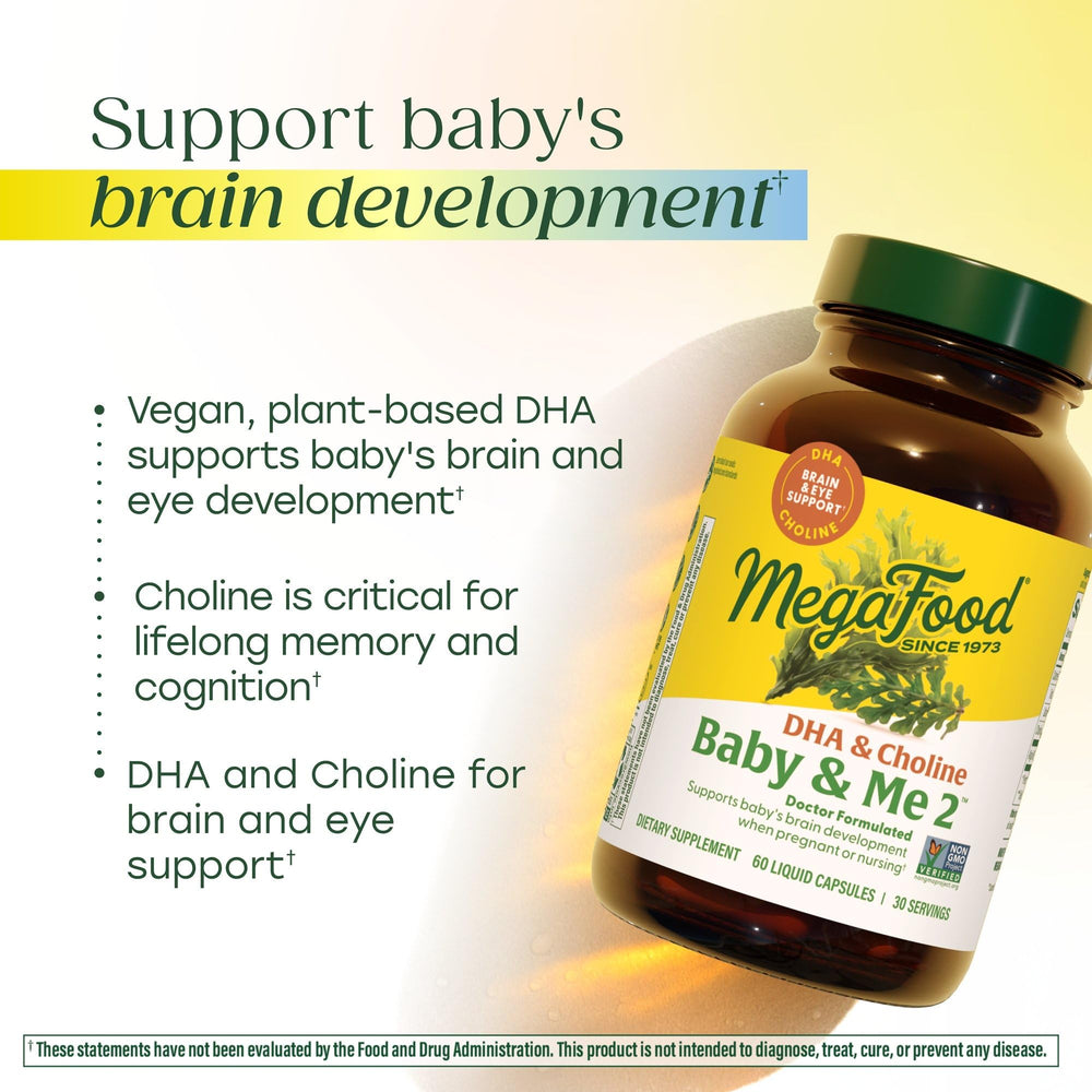 MegaFood Baby & Me 2 vegetable capsules highlight vegan prenatal nutrients