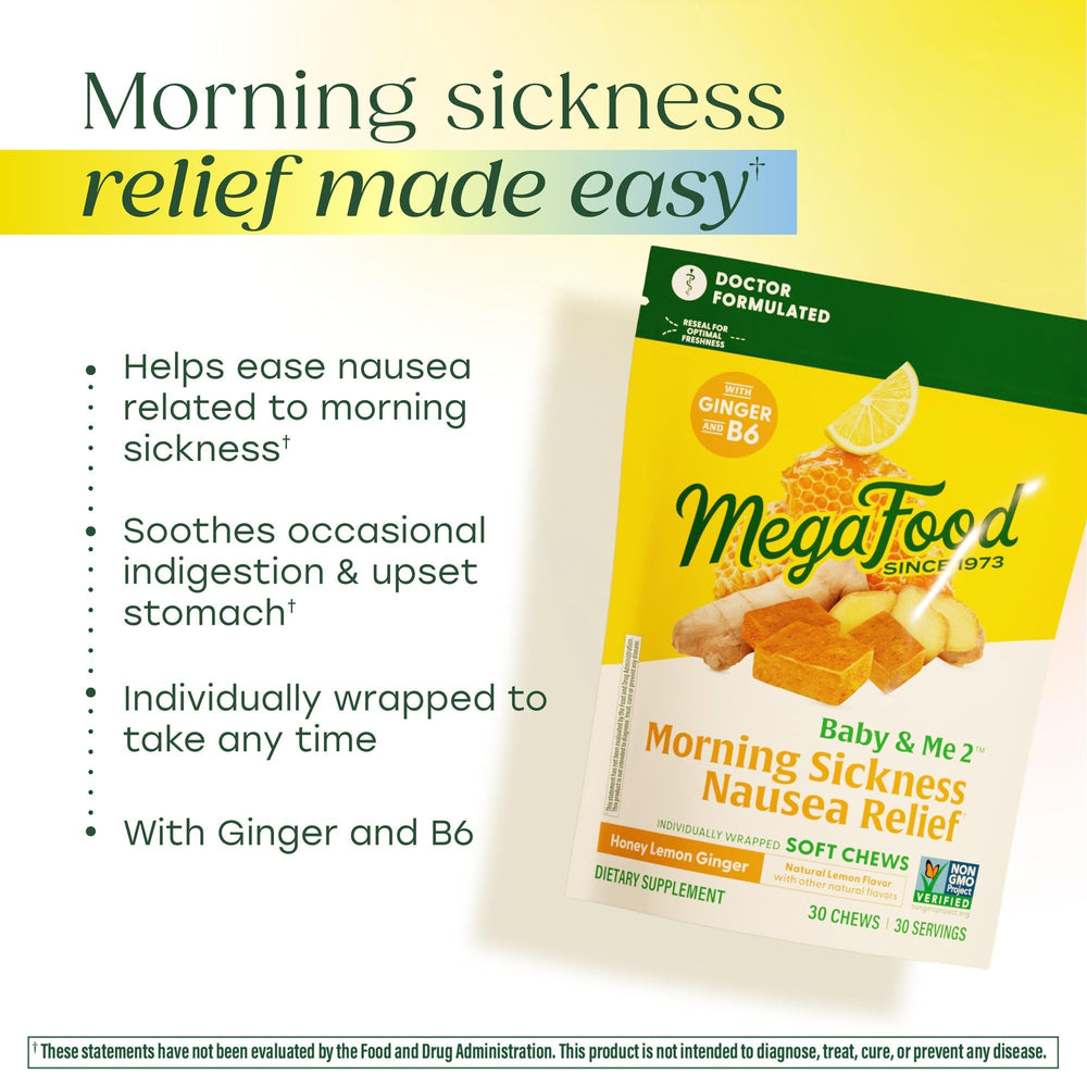 MegaFood Baby & Me chews in honey lemon ginger flavor for soothing flavor during pregnancy.