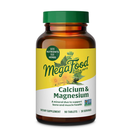 MegaFood Calcium and Magnesium bottle view showing vegan mineral blend for daily bone support
