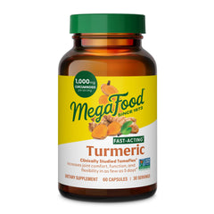MegaFood Fast-Acting Turmeric TamaFlex bottle showing joint support formula.