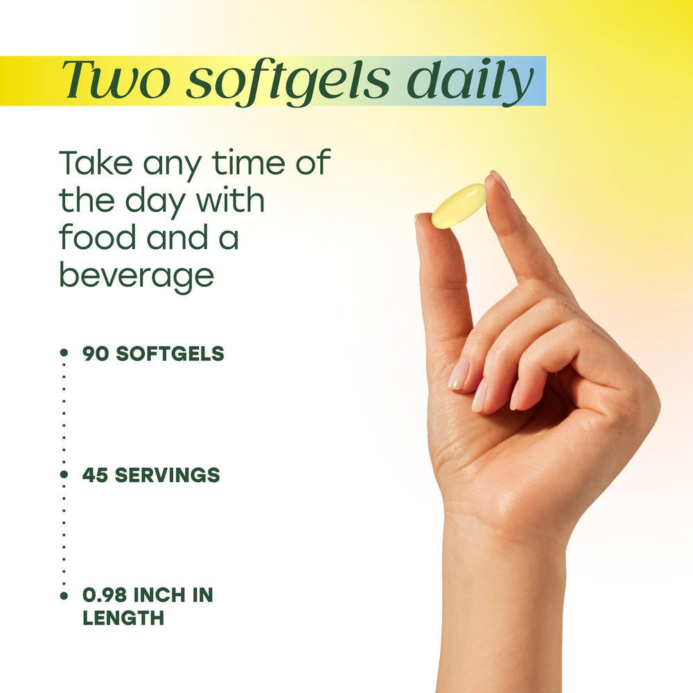 MegaFood fish oil bottle with 90 softgels on label highlights serving count.