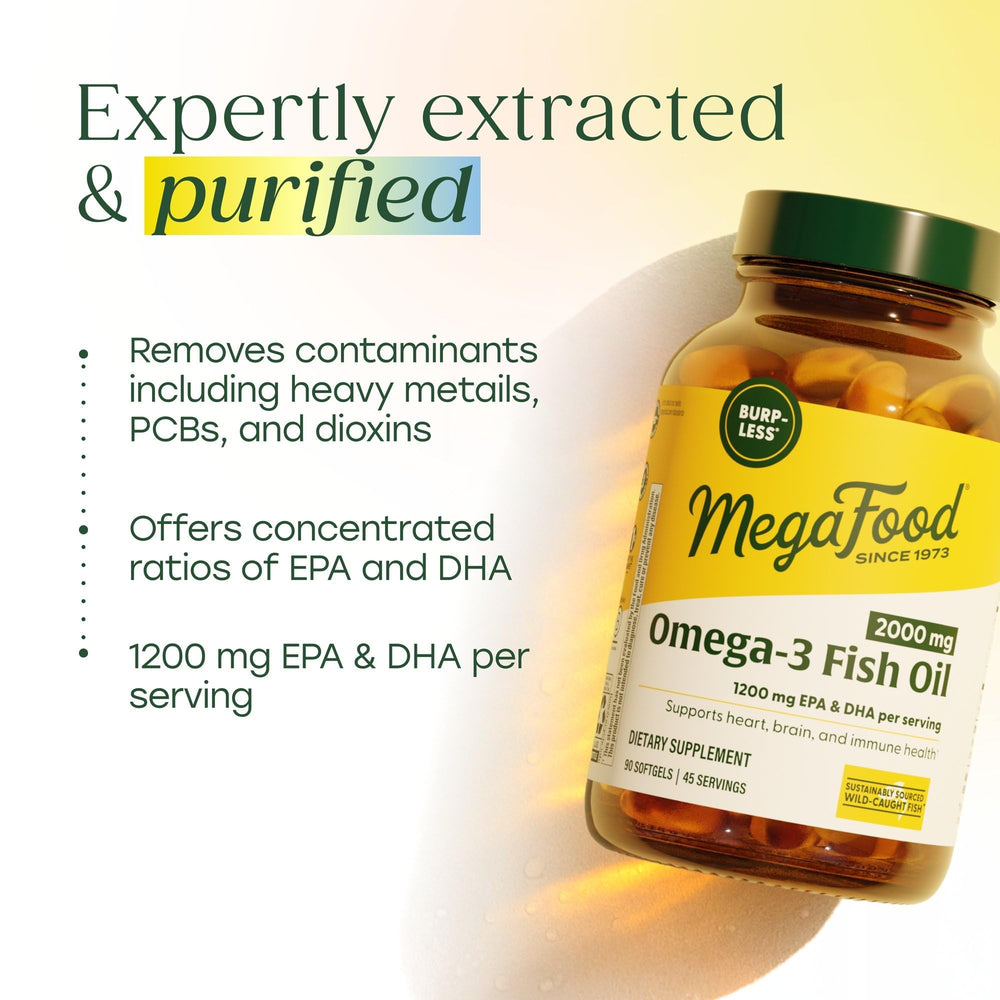 MegaFood fish oil purified oil illustration underscores purity and safety.