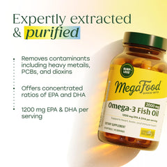 MegaFood fish oil purified oil illustration underscores purity and safety.