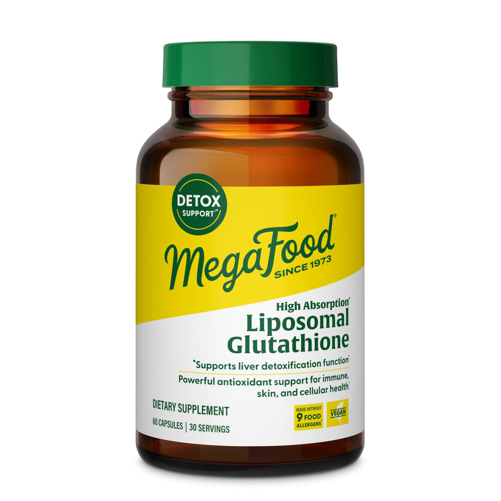 The MegaFood liposomal glutathione bottle front for detox and antioxidant support.
