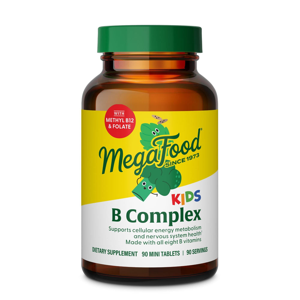 MegaFood Kids B Complex bottle with vegetarian, gluten-free vitamins for daily energy support.