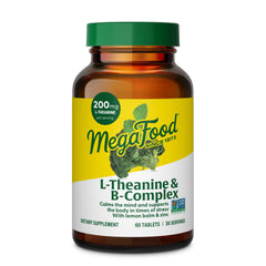 MegaFood L-Theanine B-Complex bottle close-up for daily calm and focus support.