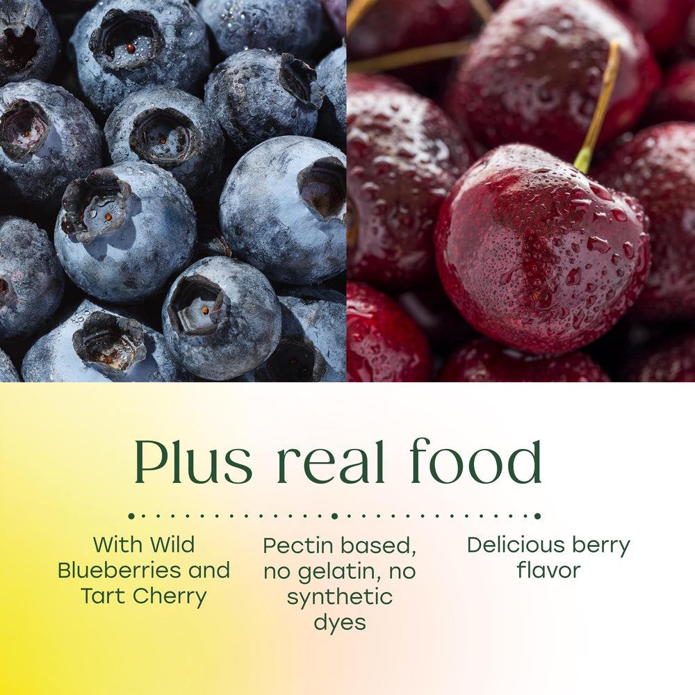 Berry colored gummies and real fruit details from MegaFood Melatonin Gummies.